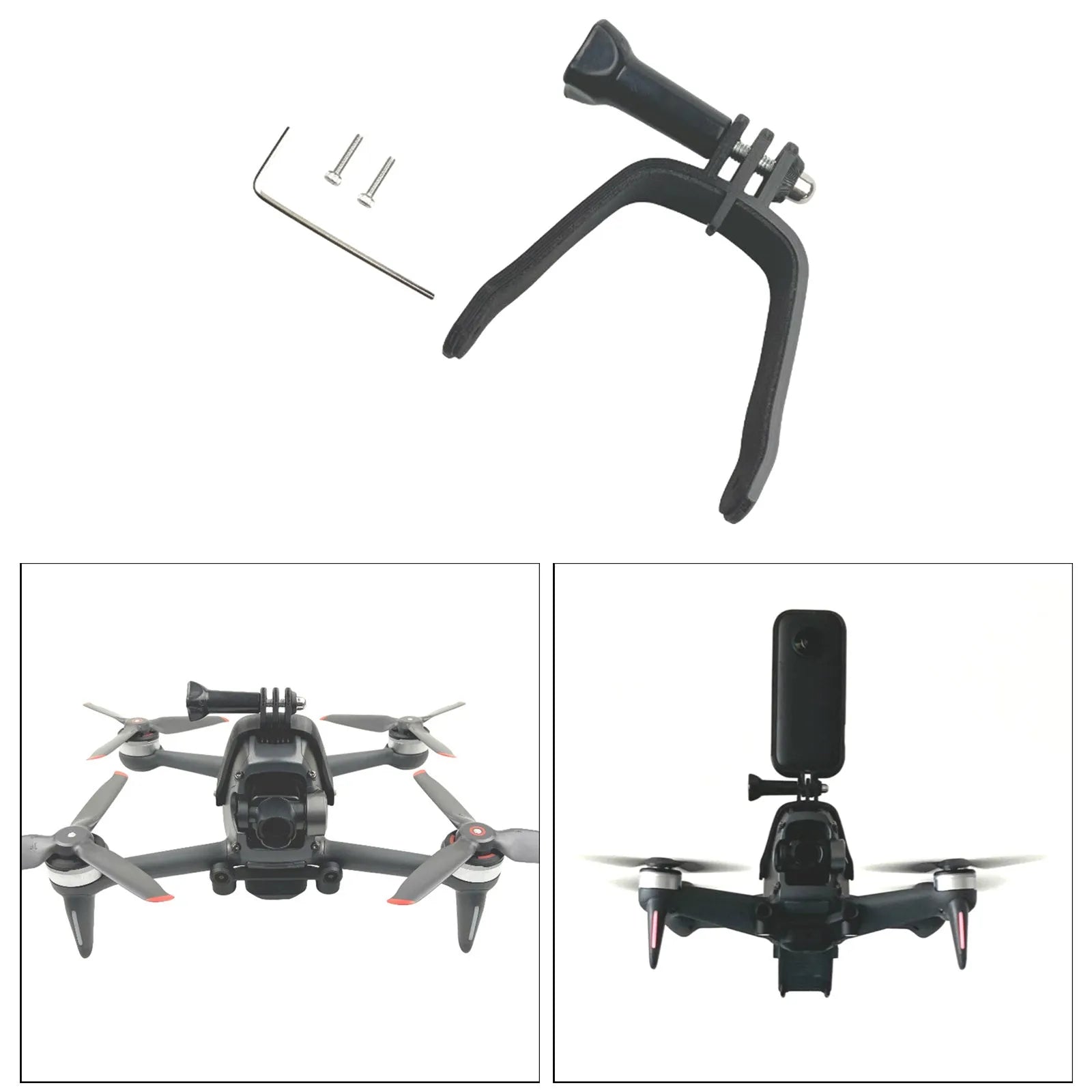 3D printed hard plastic expansion bracket with sponge padding for top-mounting GoPro cameras on FPV drones.