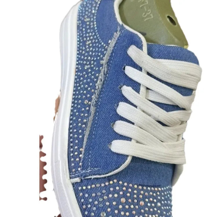 Plus size women's black lace-up casual pumps with rhinestones on a thick rubber sole.