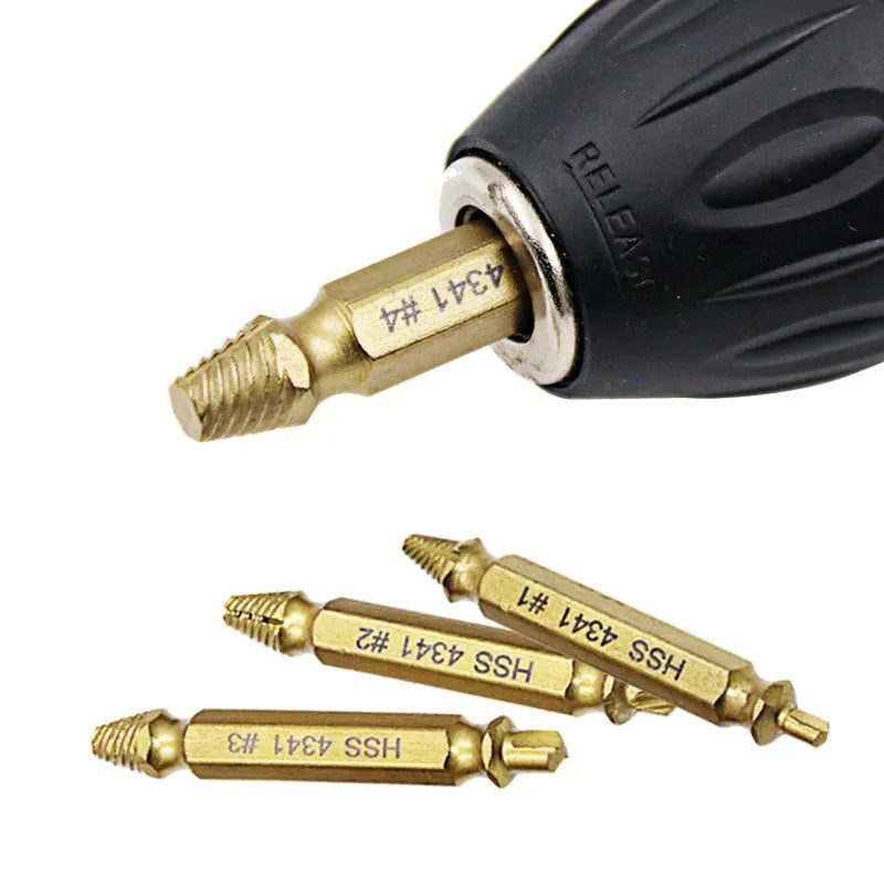 Five-piece 4341 high-speed steel screw extractor set for removing damaged fasteners and nails.