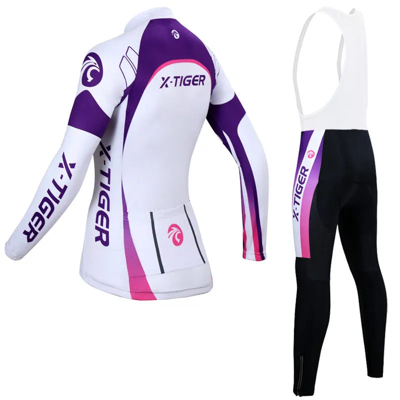 Women's long-sleeved cycling jersey suit in white and purple with full zip and gel pad, autumn riding gear