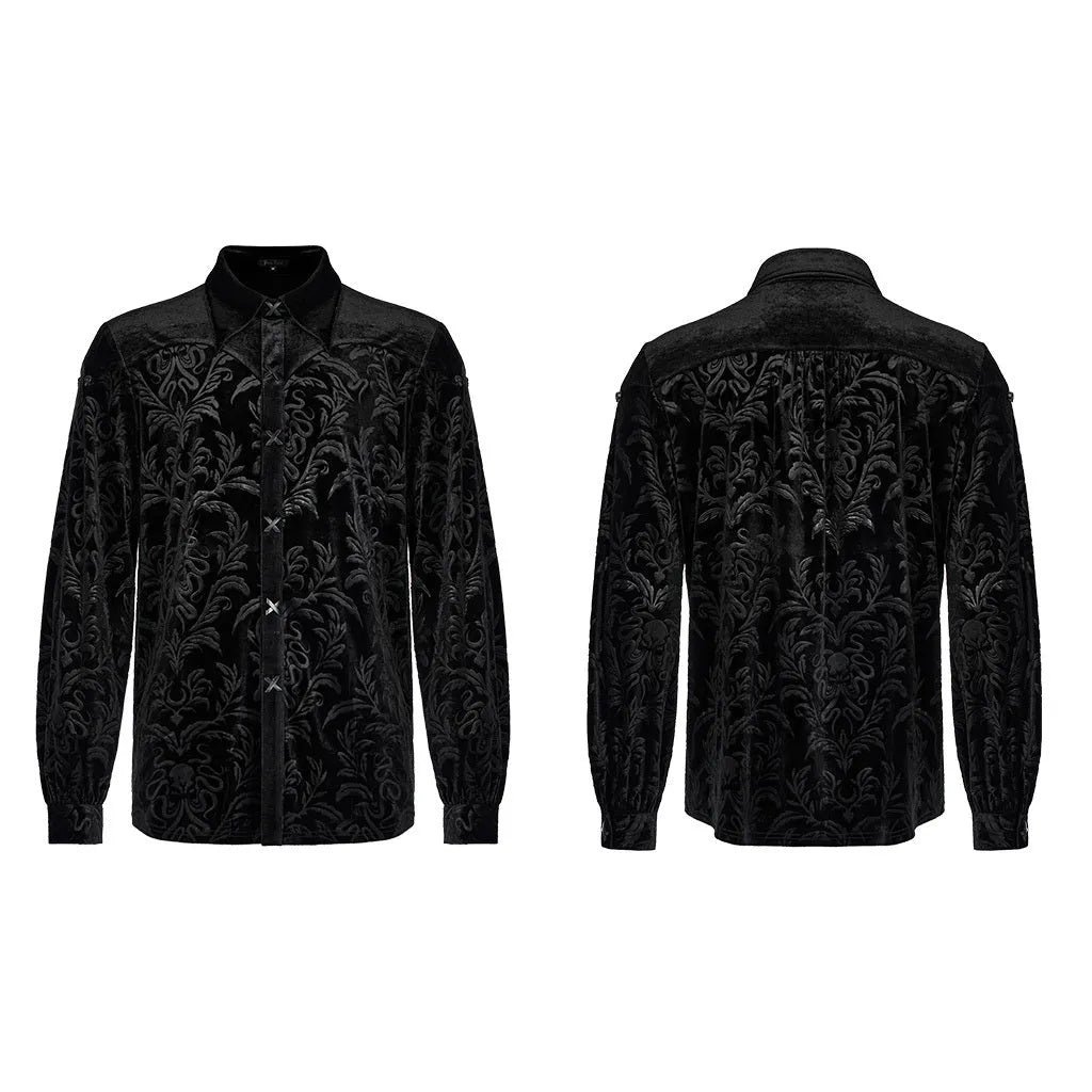 Black velvet men's shirt with pointed collar and decorative flocking details in British preppy style