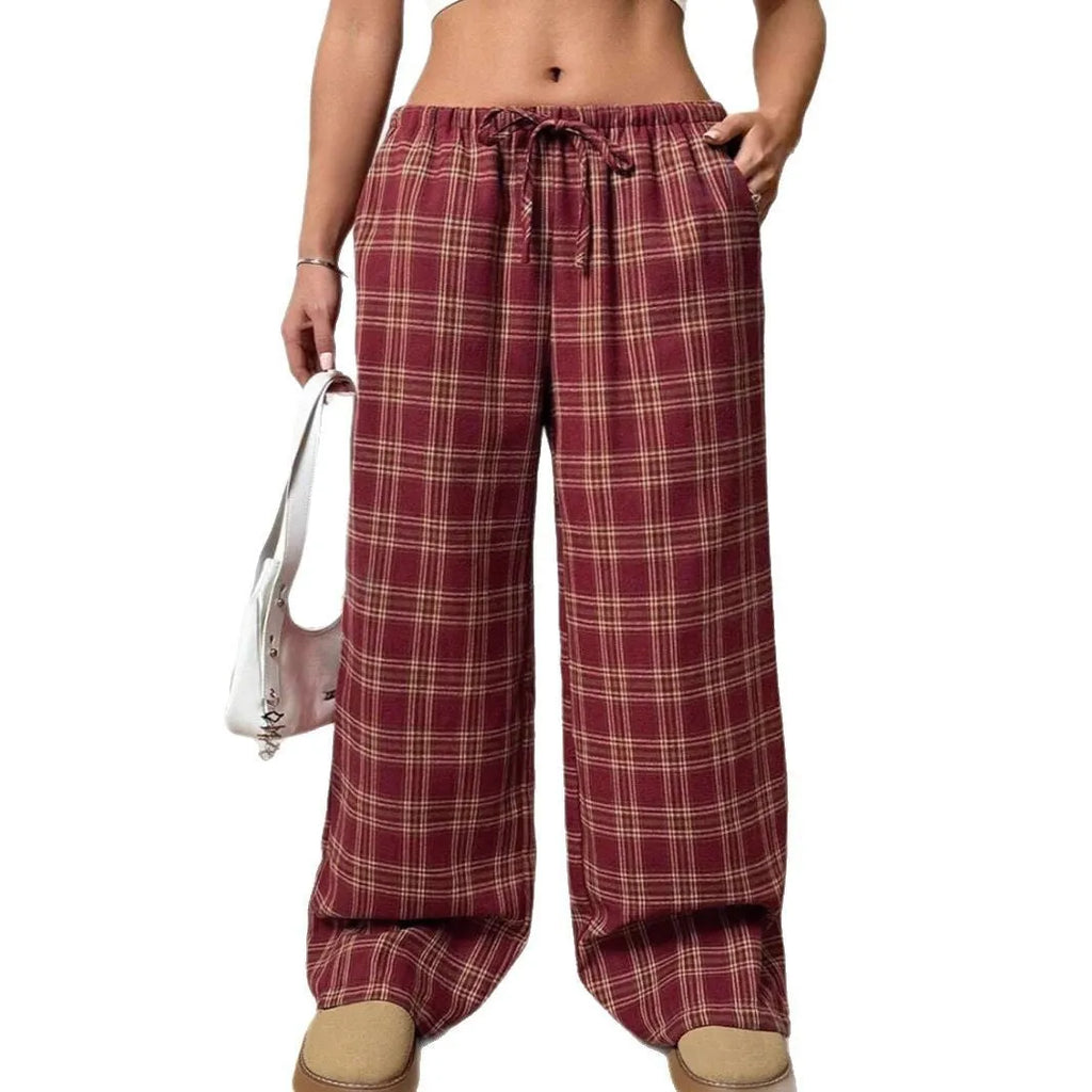 Women's blue plaid pocket casual trousers with drawstring waist and loose fit