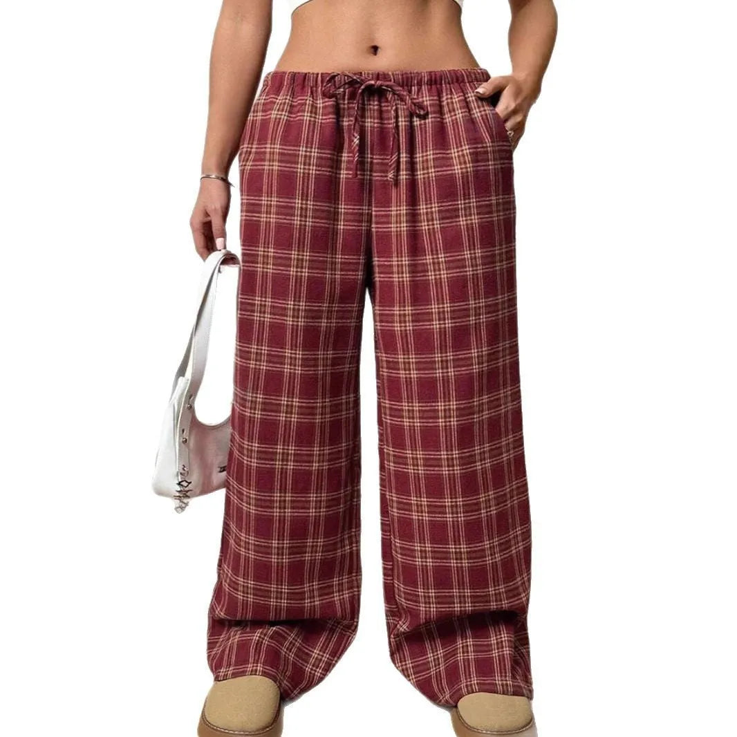 Women's blue plaid pocket casual trousers with drawstring waist and loose fit