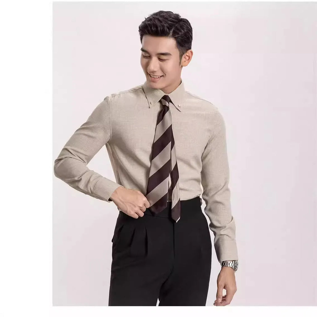 Men's long-sleeved plaid business shirt, non-ironing viscose blend, khaki or dark blue, sizes M-3XL