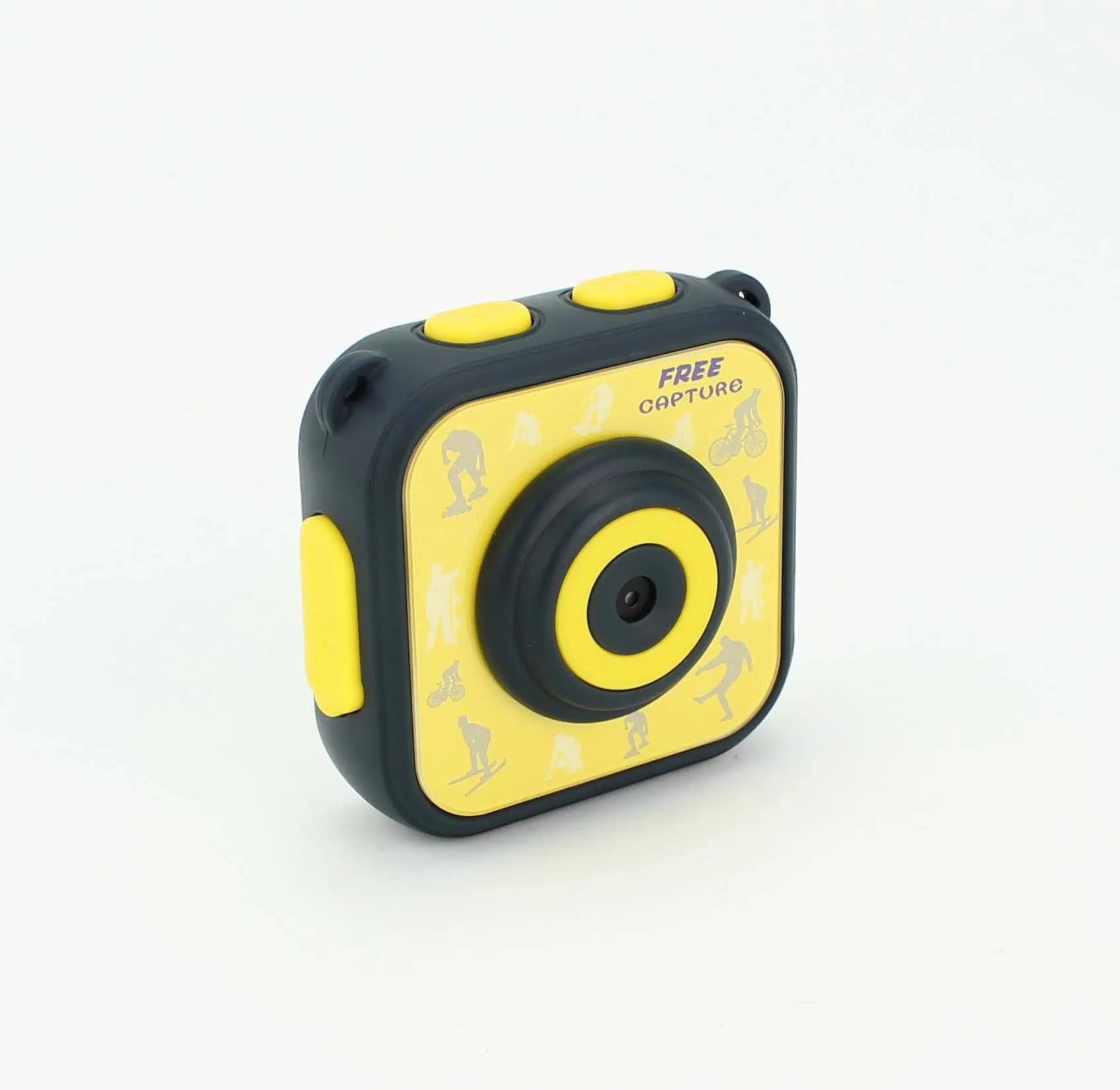 Yellow waterproof children's sports camera with 1.77-inch screen showing HD video recording capability