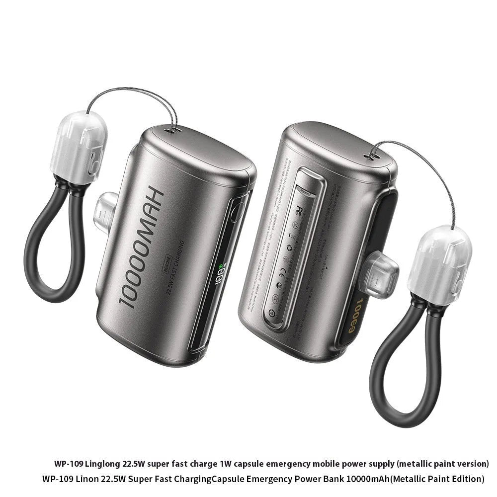 Portable mini capsule power bank in beige with 10000 mAh capacity and compact design