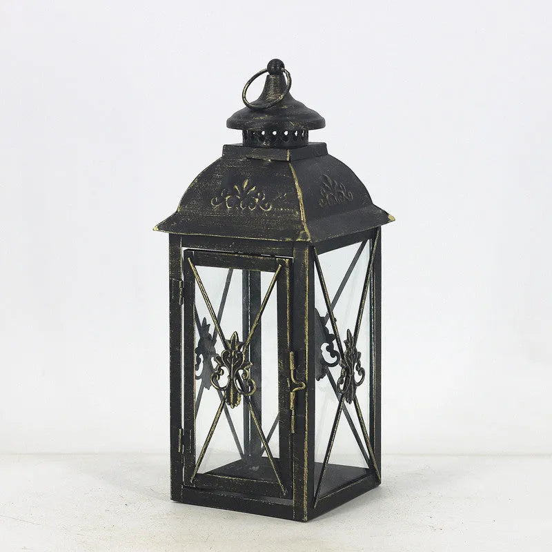 European style wrought iron floor-standing storm lantern with tempered glass panels in black or white finish