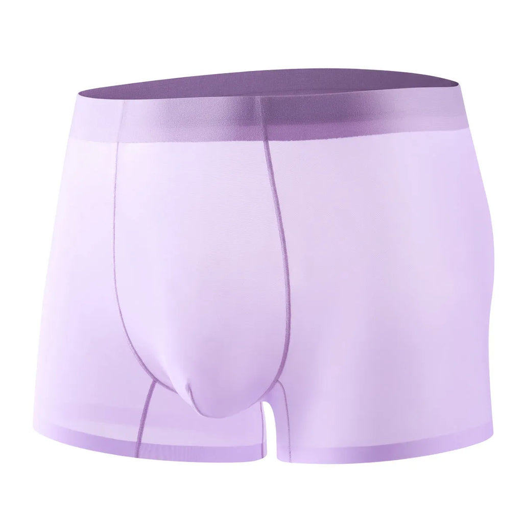Men's ice silk boxer briefs in white, shown as breathable and seamless summer underwear.