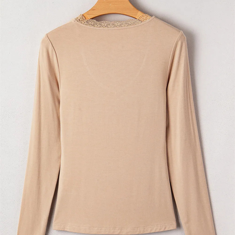 Women's solid colour casual top with lace trim on long sleeves in slim fit