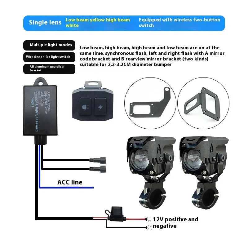 Motorcycle LED spotlight conversion kit showing light unit, wiring, switch, and mounting brackets