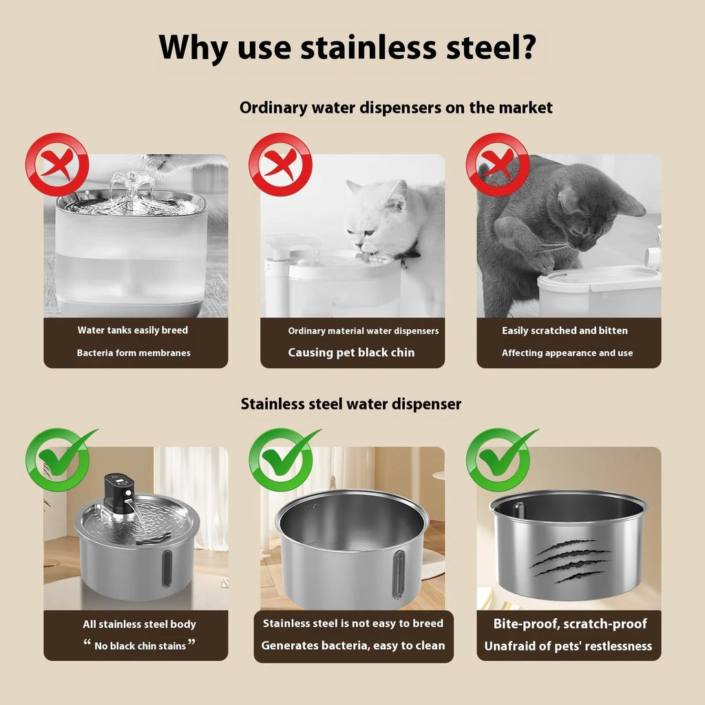 Stainless steel cat and dog water fountain with white heating base on a kitchen floor.