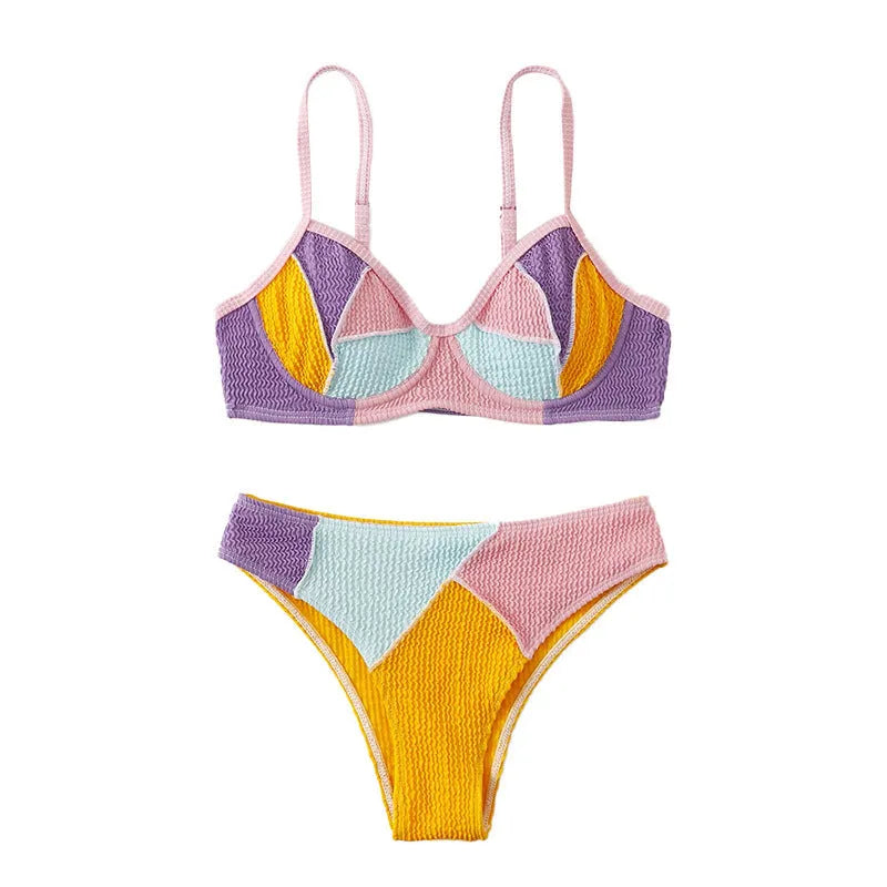Ladies push up bikini with steel bracket underwire in colour-matching design for enhanced cleavage support during swimming