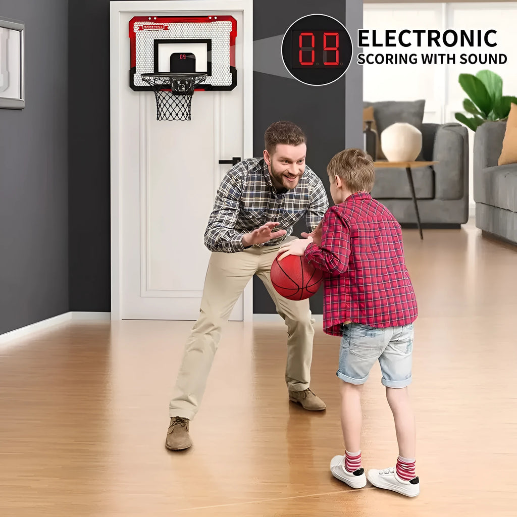 Indoor basketball hoop shooting toy with scoreboard, two balls, and inflator in red