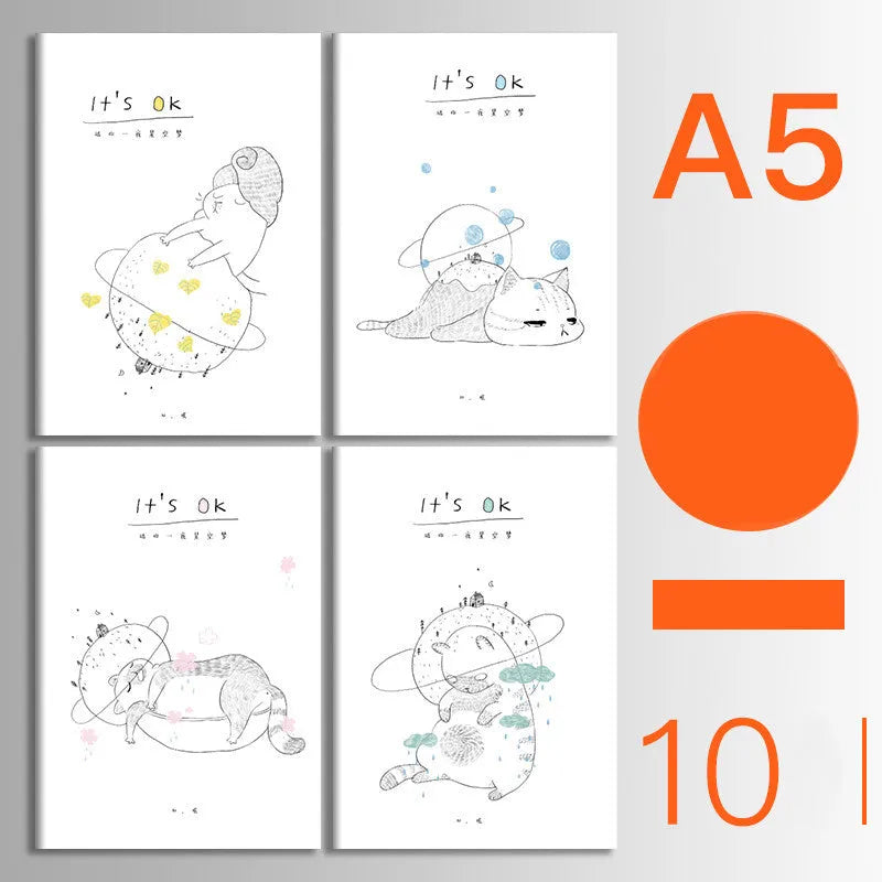 Pack of 10 A5 and B5 soft cover kraft paper notebooks with various designs, showing thread binding.