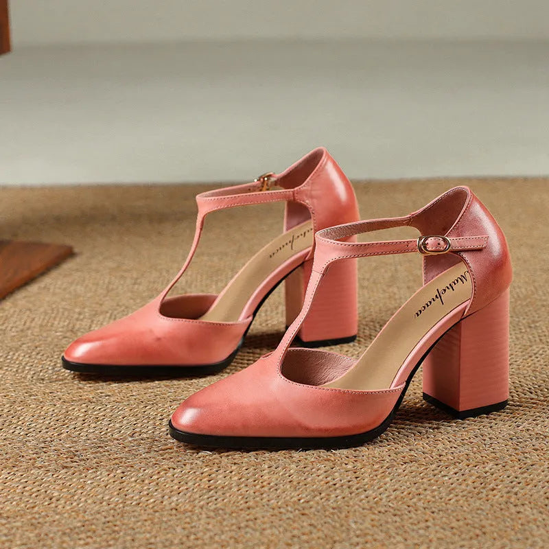 Baotou hollow women's retro pointed mary jane shoes in first layer cowhide with buckle.