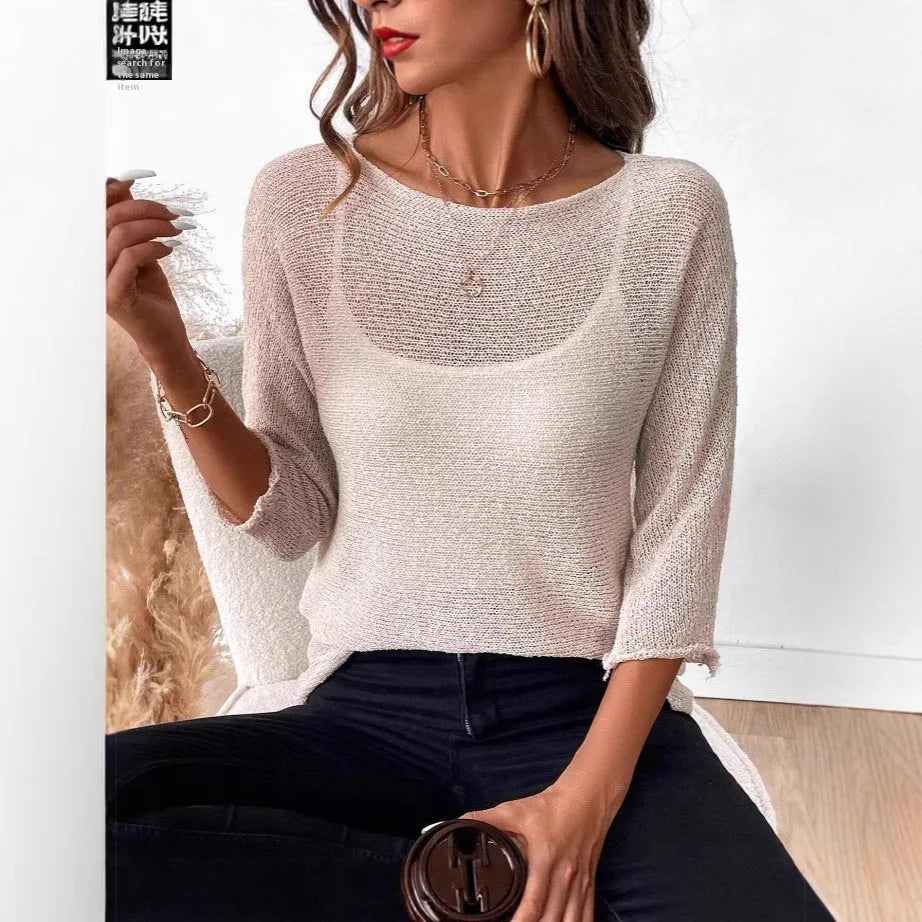 Women's knitted off-shoulder pullover top in thin polyester fabric with 3/4 sleeves, shown in multiple colours.