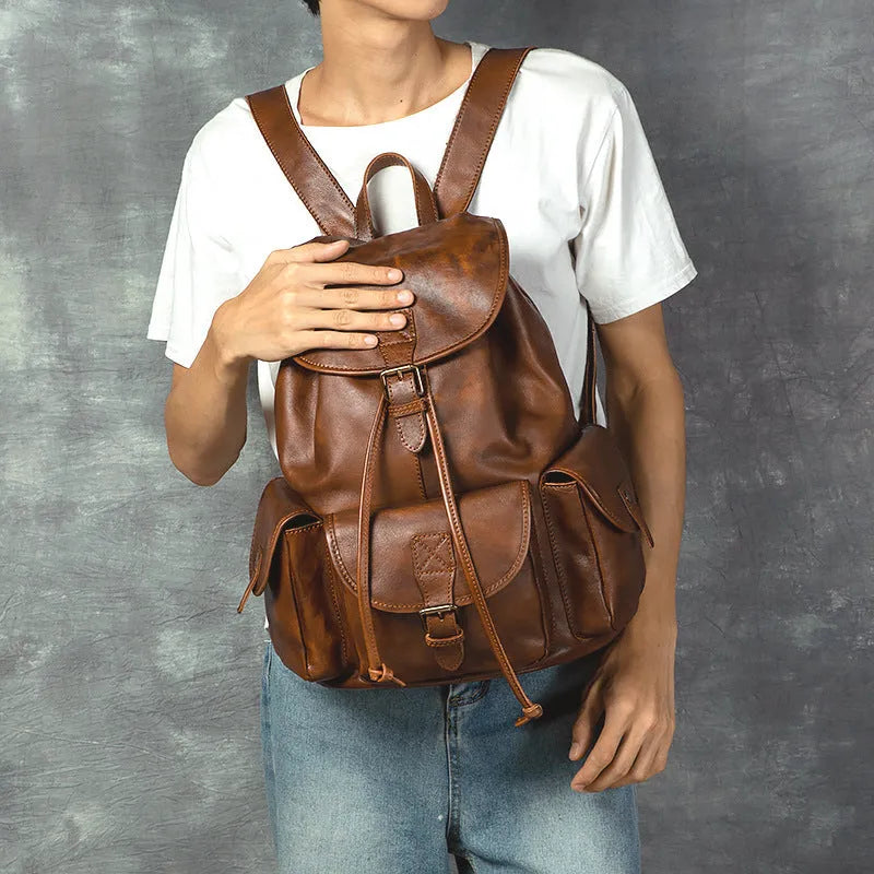 Genuine leather retro backpack with geometric pattern, 15 inch size, light brown or black, casual soft leather bag for hiking and travel.