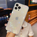 Transparent silicone iPhone case with a laser colourful love design shown on a phone.