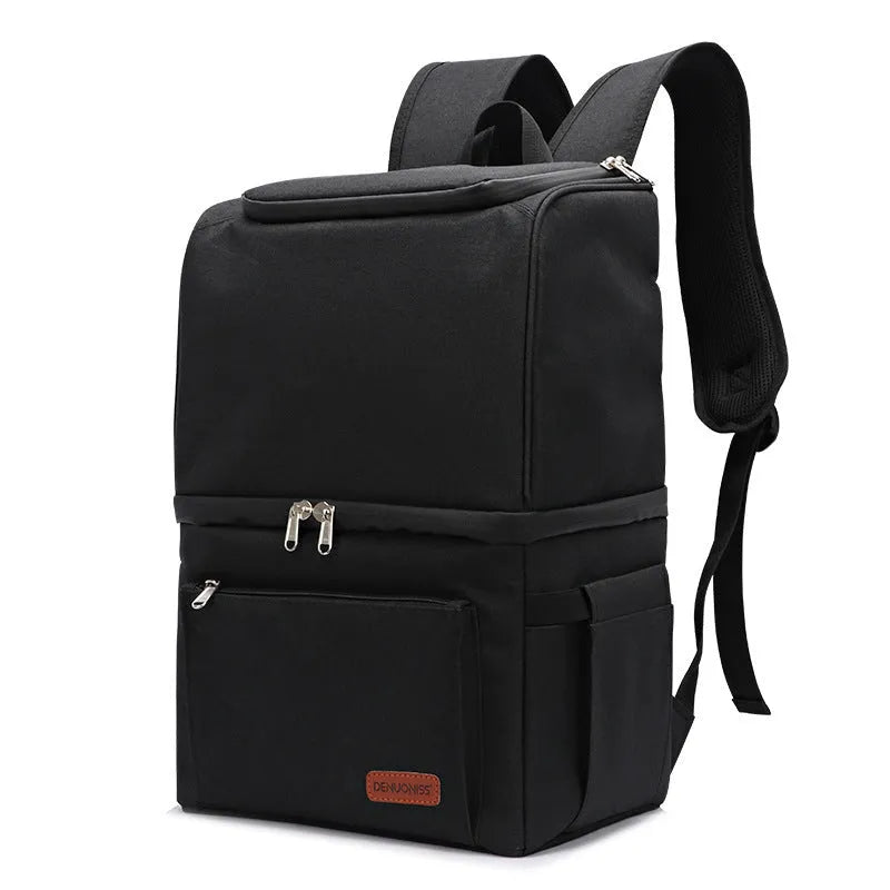 Blue double layer insulated backpack with large main compartment and adjustable straps.