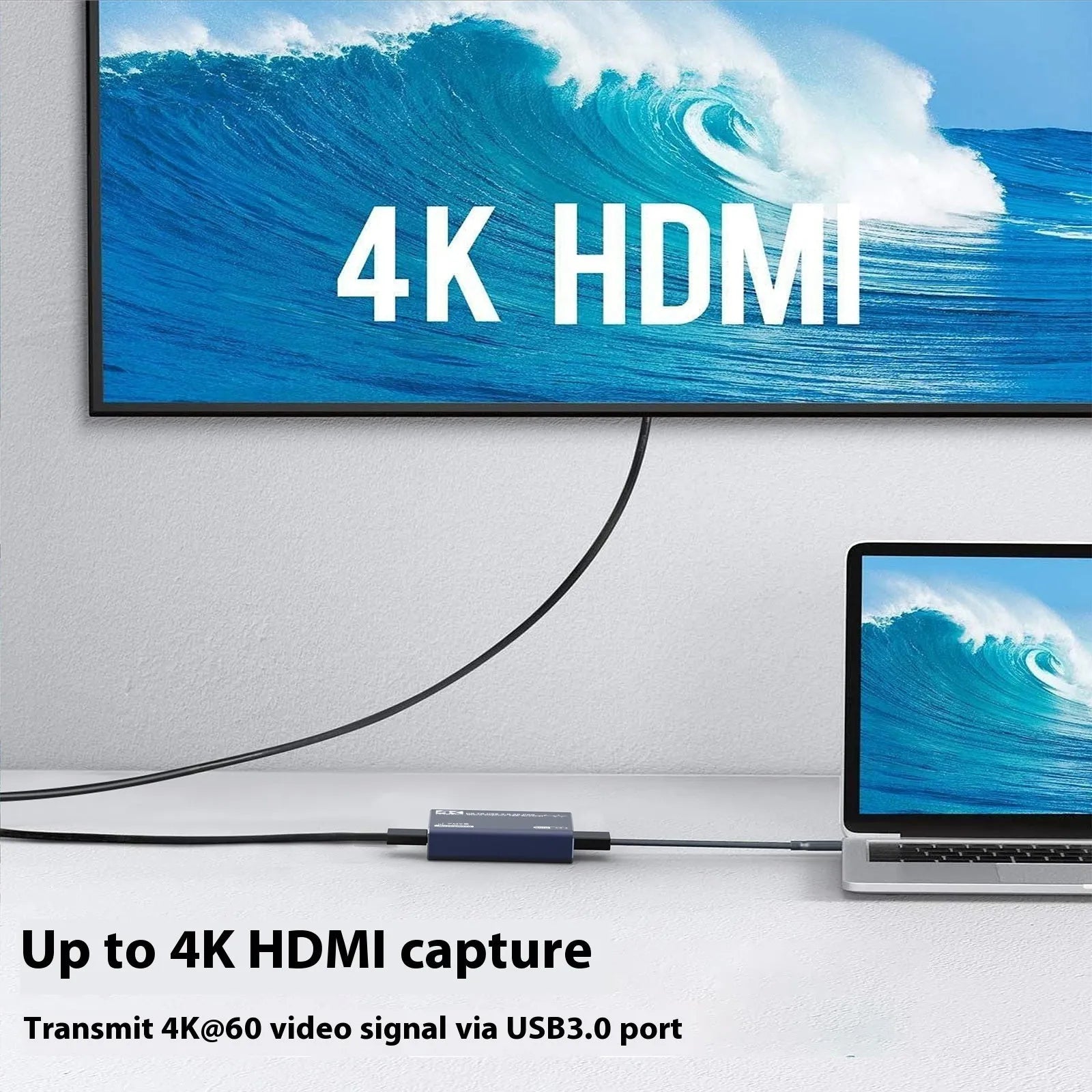 Black 4K set-top box for gaming recording and 1080p media streaming with data cable