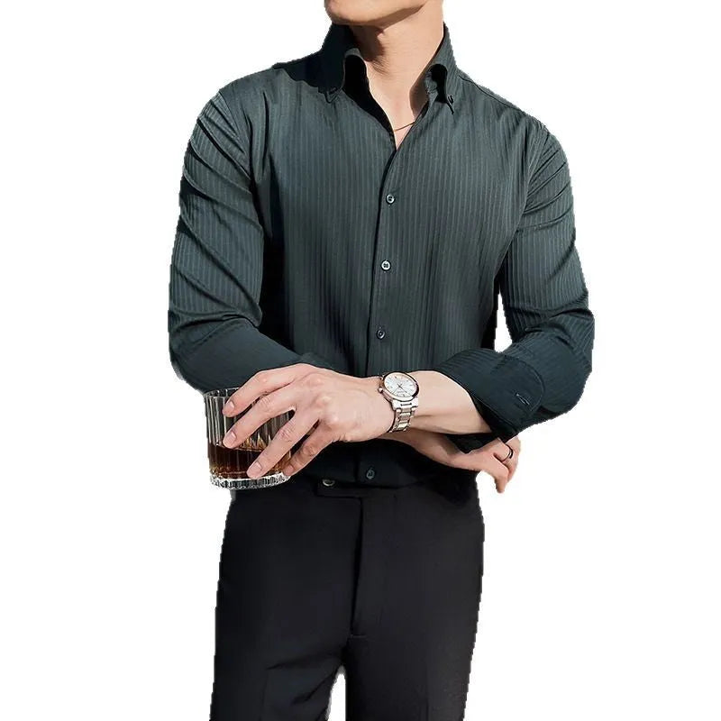 Men's dark stripes V-neck long sleeve casual shirt in cardigan style