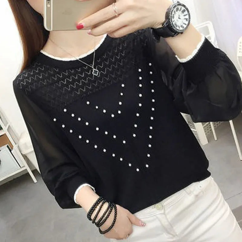 Loose-fit long sleeve round neck women's polyester top in solid colour, available in black, pink, and white.