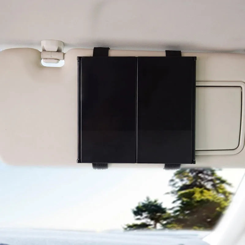 Silver car folding makeup mirror shown closed at 15.5cm and open at 30.5cm width.