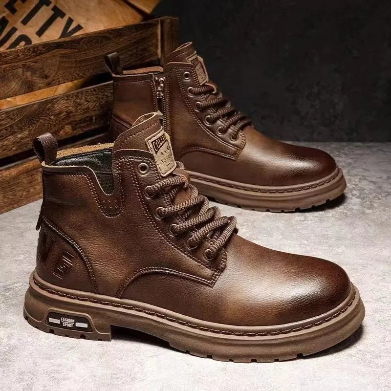 Men's retro British style ankle boots in black or brown with round toe and artificial PU upper, sizes 39-44
