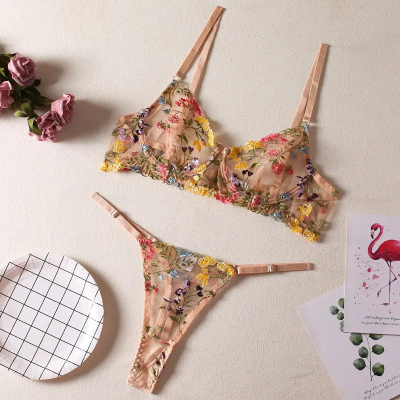 Floral mesh bra with steel ring T-back design in skin colour showing 3/4 cup construction
