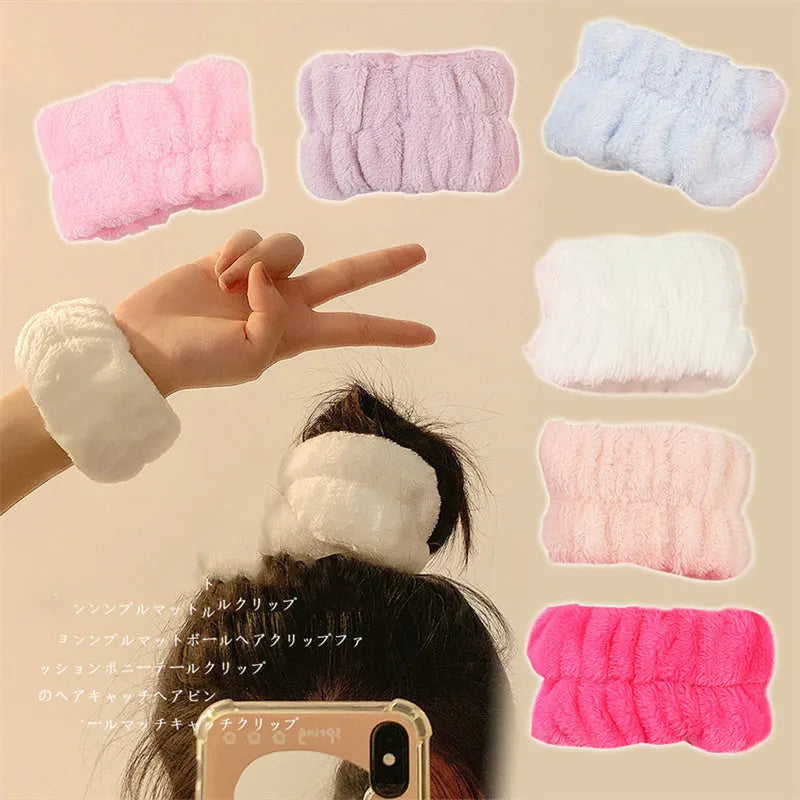 Coral velvet wrist washband in white, pink, light blue, grey, or lavender for face washing