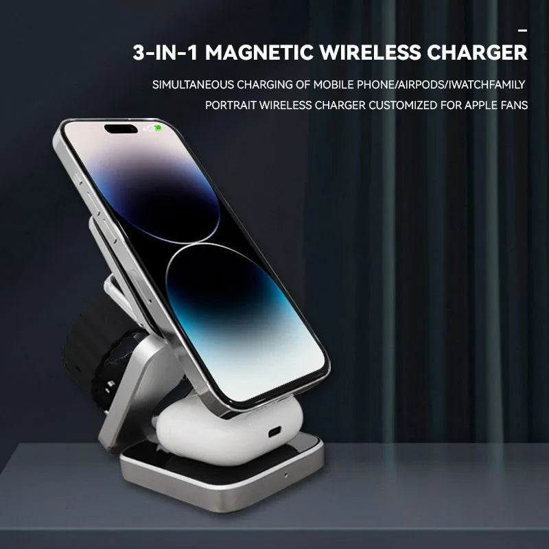 Three-in-one desktop wireless charging bracket with folding design for Apple Samsung Google devices