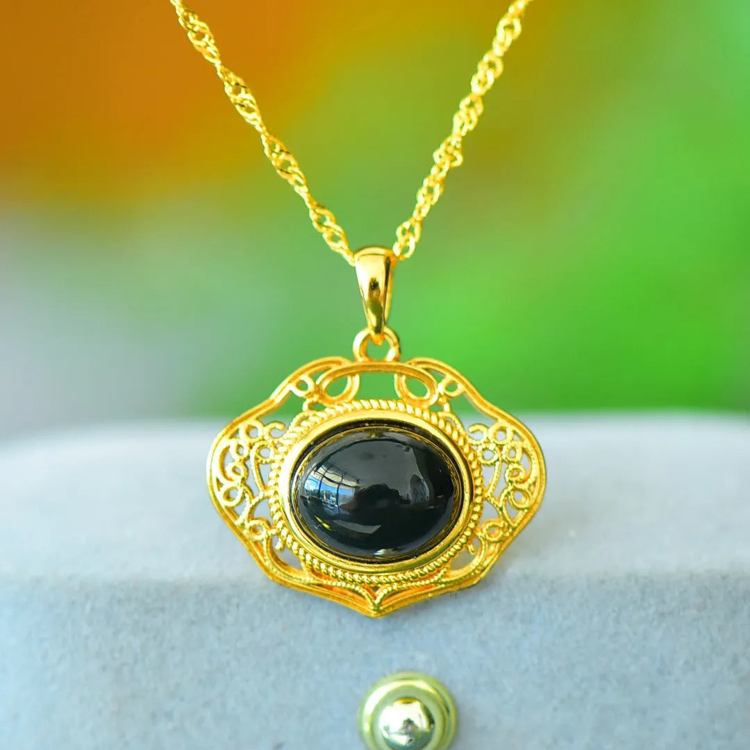 Copper inlaid Hetian grey jade pendant with ink blue accents on necklace chain