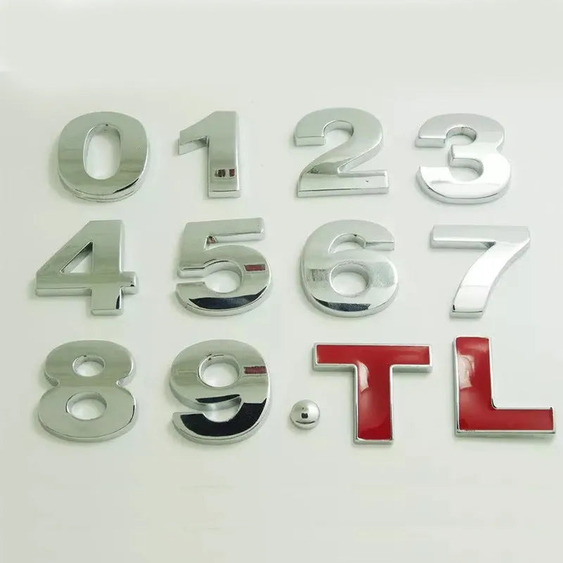 Zinc alloy metal car letter sticker in black or silver, 2.5cm size, for vehicle personalisation.