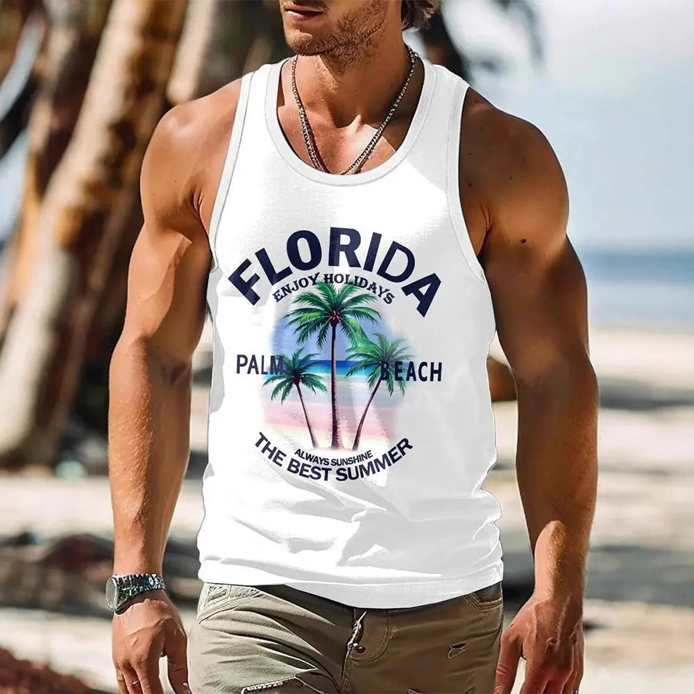 3D printed men's sleeveless vest in solid colour pinhole cloth fabric with Hawaiian style design