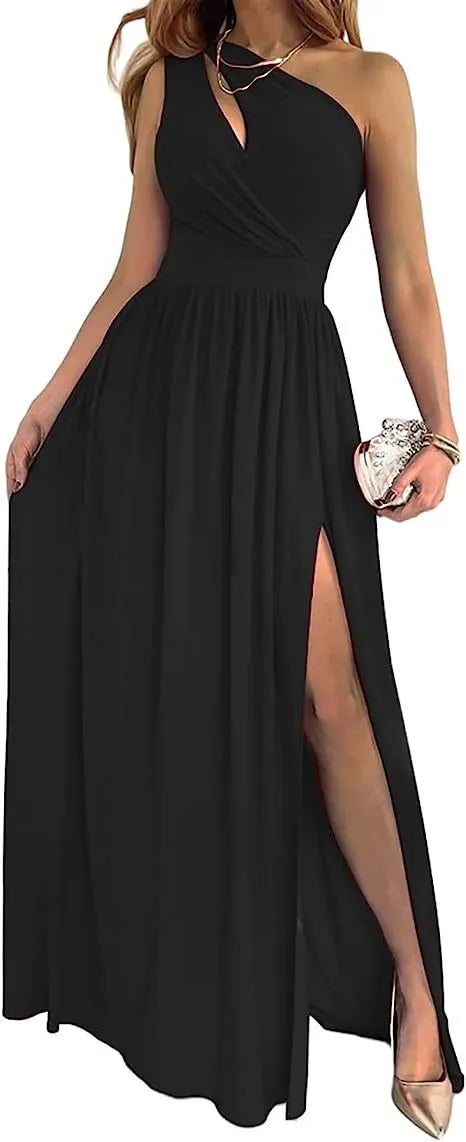 Women's one shoulder maxi dress with high split and cutout sleeveless design in soft fabric