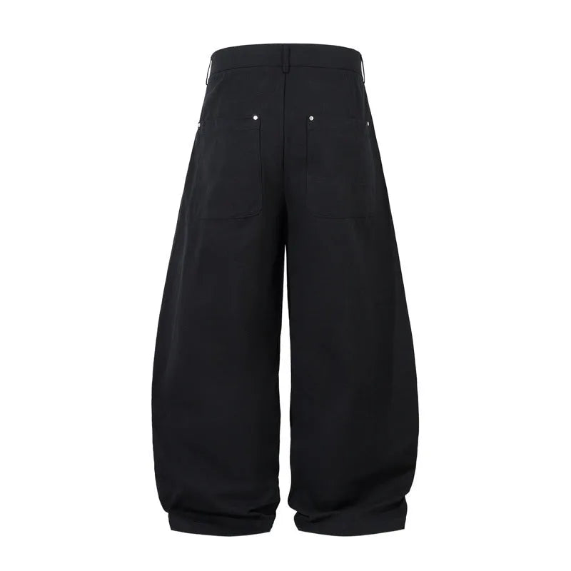 Men's black pleated wide-leg casual trousers made from cotton fabric