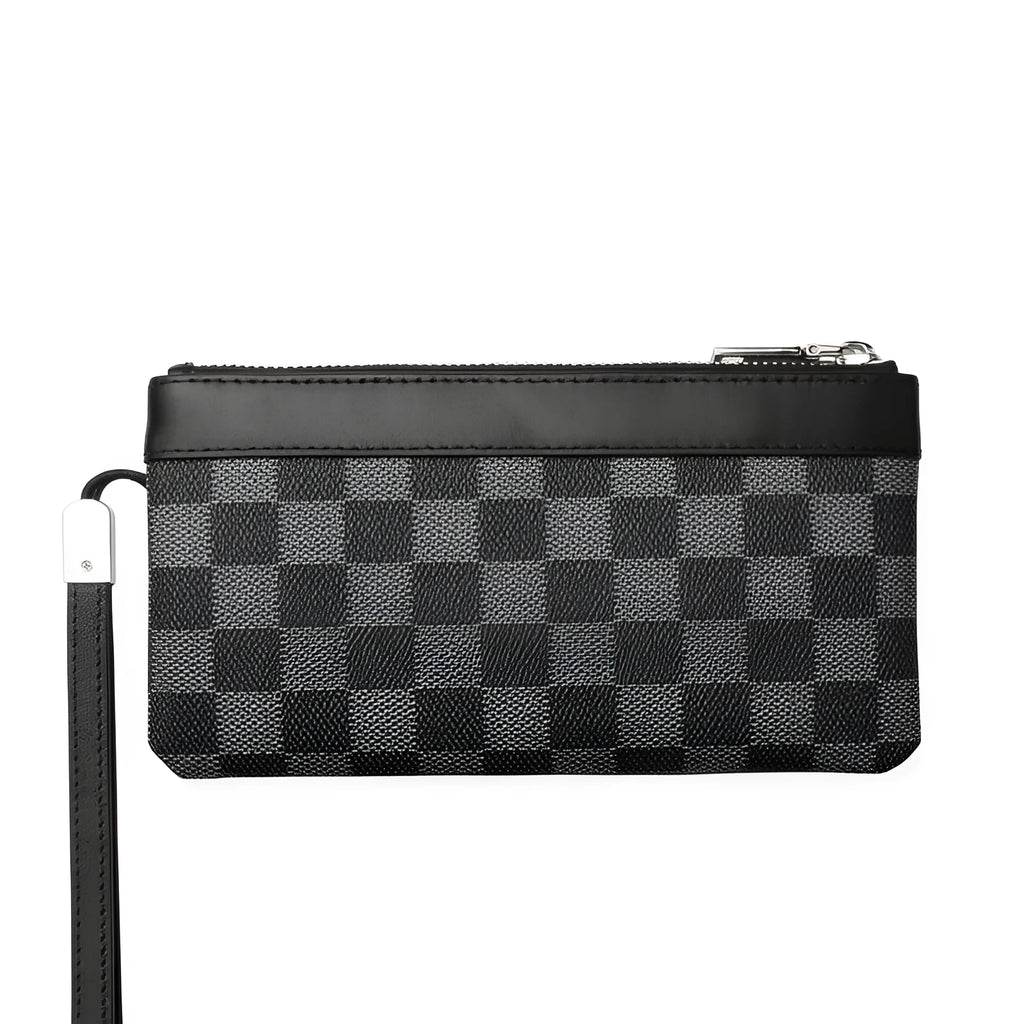 Men's black genuine cowhide leather clutch wallet showing front view with dimensions.