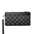 Men's black genuine cowhide leather clutch wallet showing front view with dimensions.
