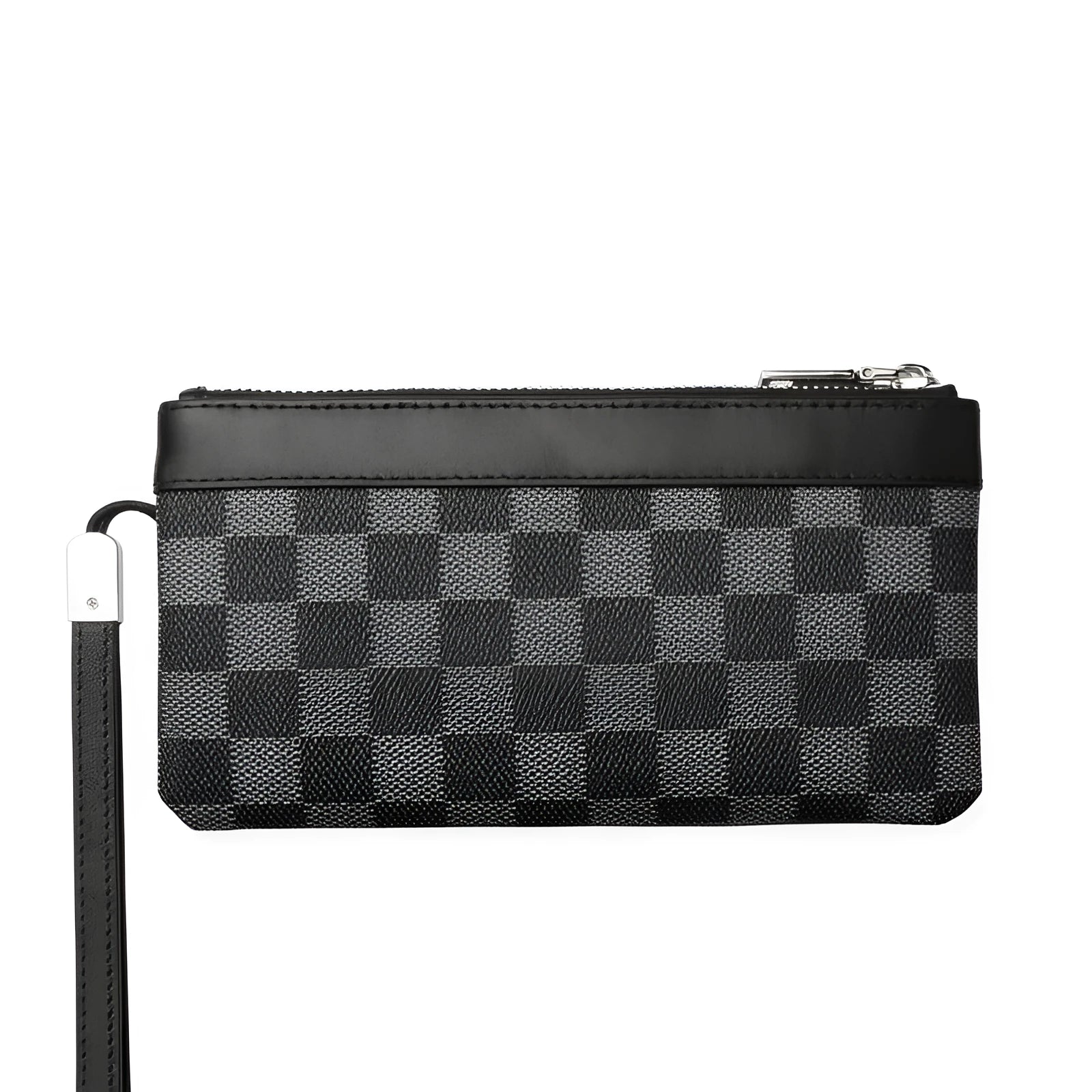 Men's black genuine cowhide leather clutch wallet showing front view with dimensions.