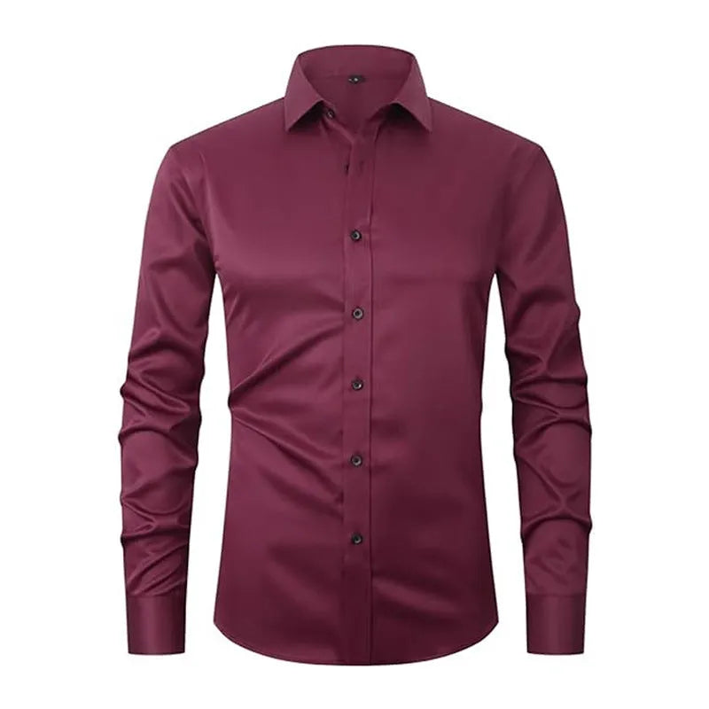 Men's grey stretch long sleeve work shirt made from polyester fabric on a hanger