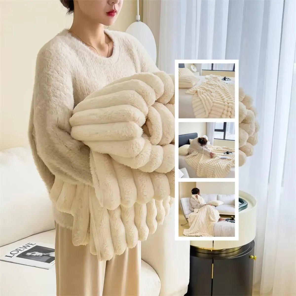 Solid colour bubble velvet faux rabbit fur blanket with double-sided thickening on a couch