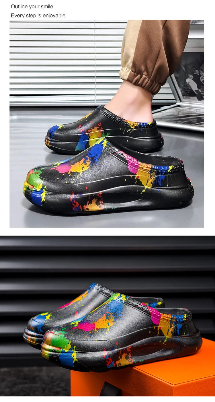 Men's black waterproof EVA work slippers with toe cap and textured sole.