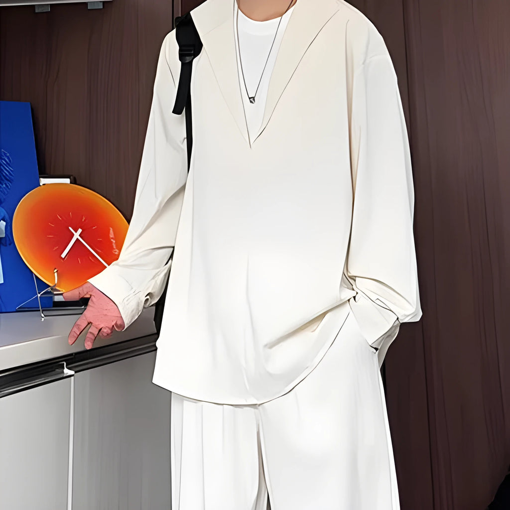 Men's slim fit casual suit with long sleeve polo shirt and trousers in apricot colour