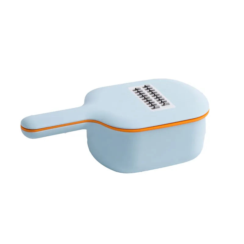 Vegetable cutter with four blades, hand protection, drain basket and bottom basin in dark blue, pink, white or light blue