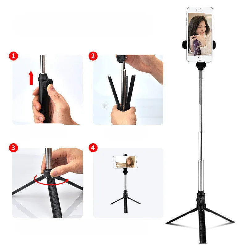 Bluetooth selfie stick tripod with aluminium pole extended, showing phone clip rotation and foldable legs