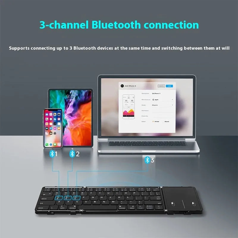 Black folding Bluetooth keyboard unfolded showing keys and touchpad option