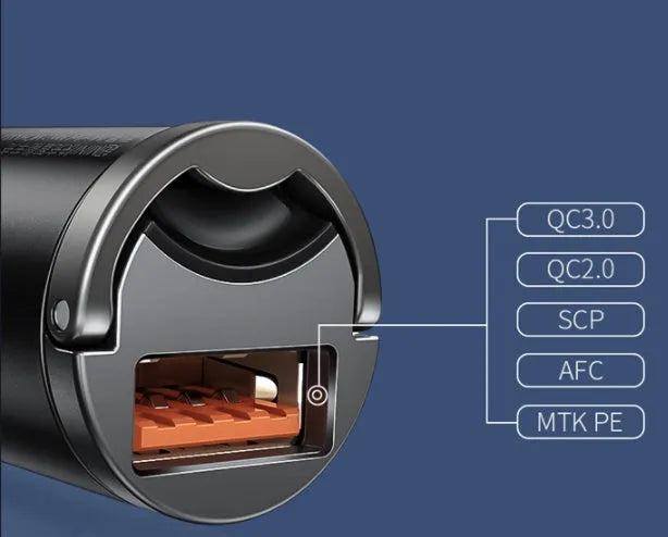 Grey Baseus 30W PPS single USB car charger with 1 metre cable.