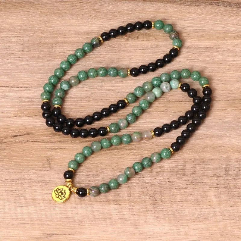 Green and black alloy elastic bracelet with beaded natural style design