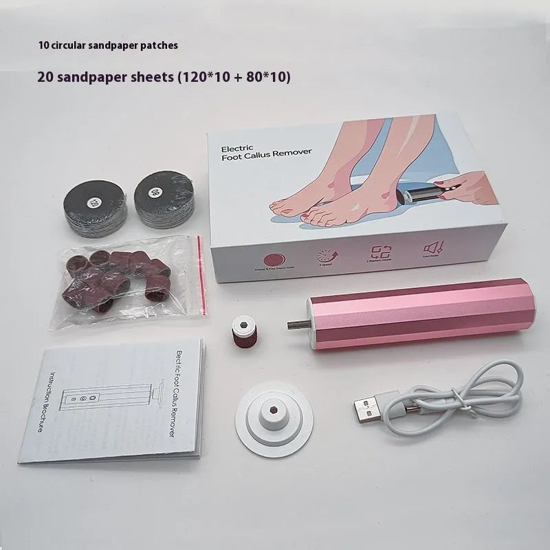 Exfoliating foot file and nail trimmer kit with sandpaper wheels in pink colour option