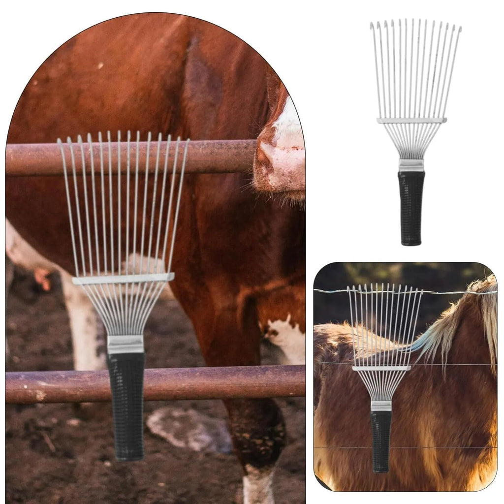 Black stainless steel pet dematting brush rake comb with curved teeth for grooming dogs and horses.